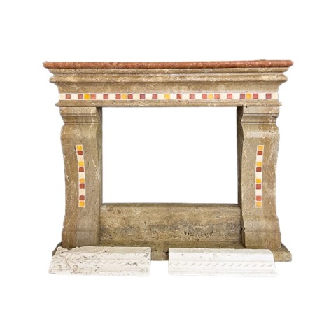 Cornice per camino modello Napoli: Travertino noce e marmo rosso Verona